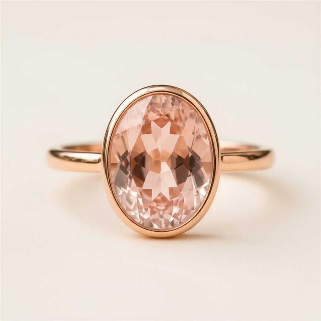 A rose gold ring with a large oval-cut pink morganite gemstone, resting on a textured stone surface with a soft, blurred natural background.