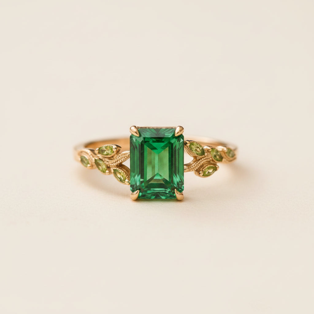 A gold ring with a large emerald-cut green center stone and small green accent stones on the band, photographed resting on a textured stone surface with a blurred natural background.