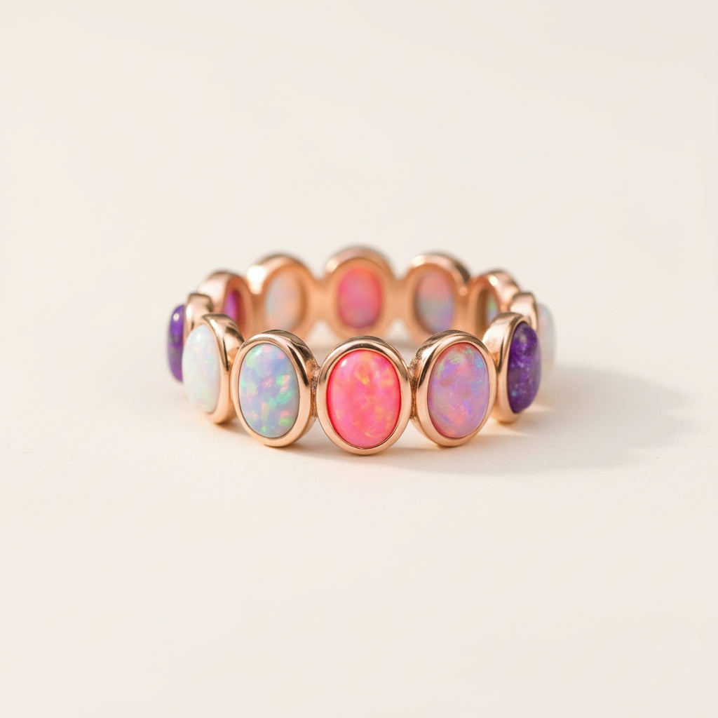 A rose gold band ring featuring a row of oval opal gemstones in vibrant colors including pink, purple, blue, and white, resting on a textured stone surface with a blurred natural background.