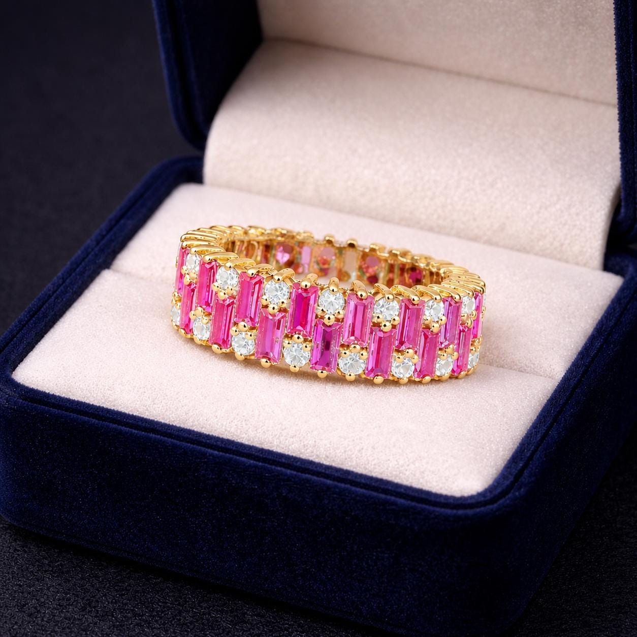 Baguette Pink Sapphire & Moissanite Band Ring