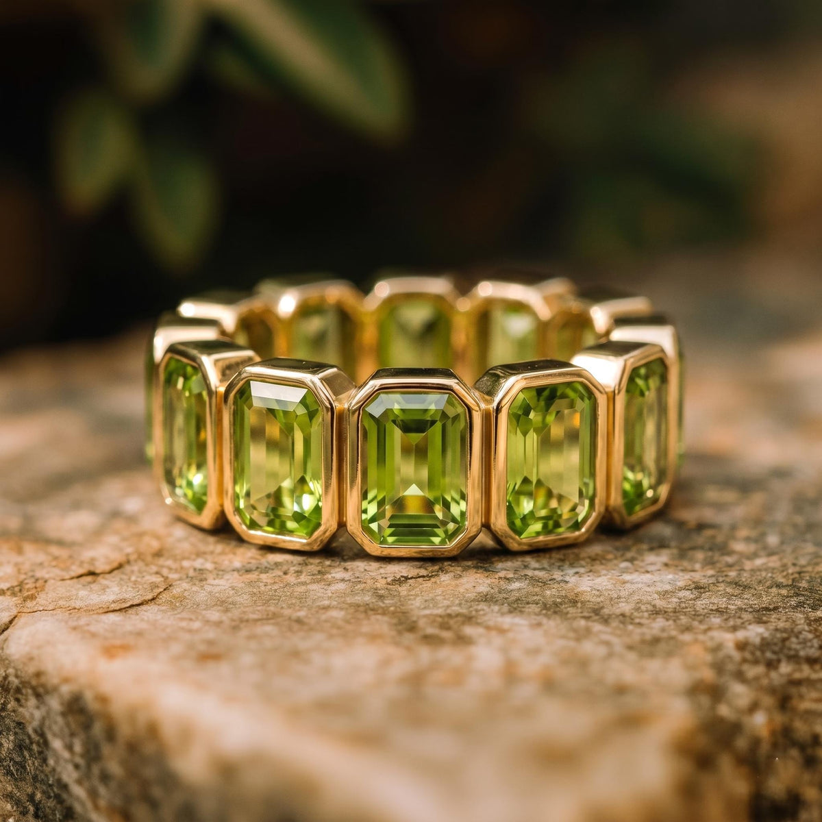 Emerald Cut Peridot Eternity Ring