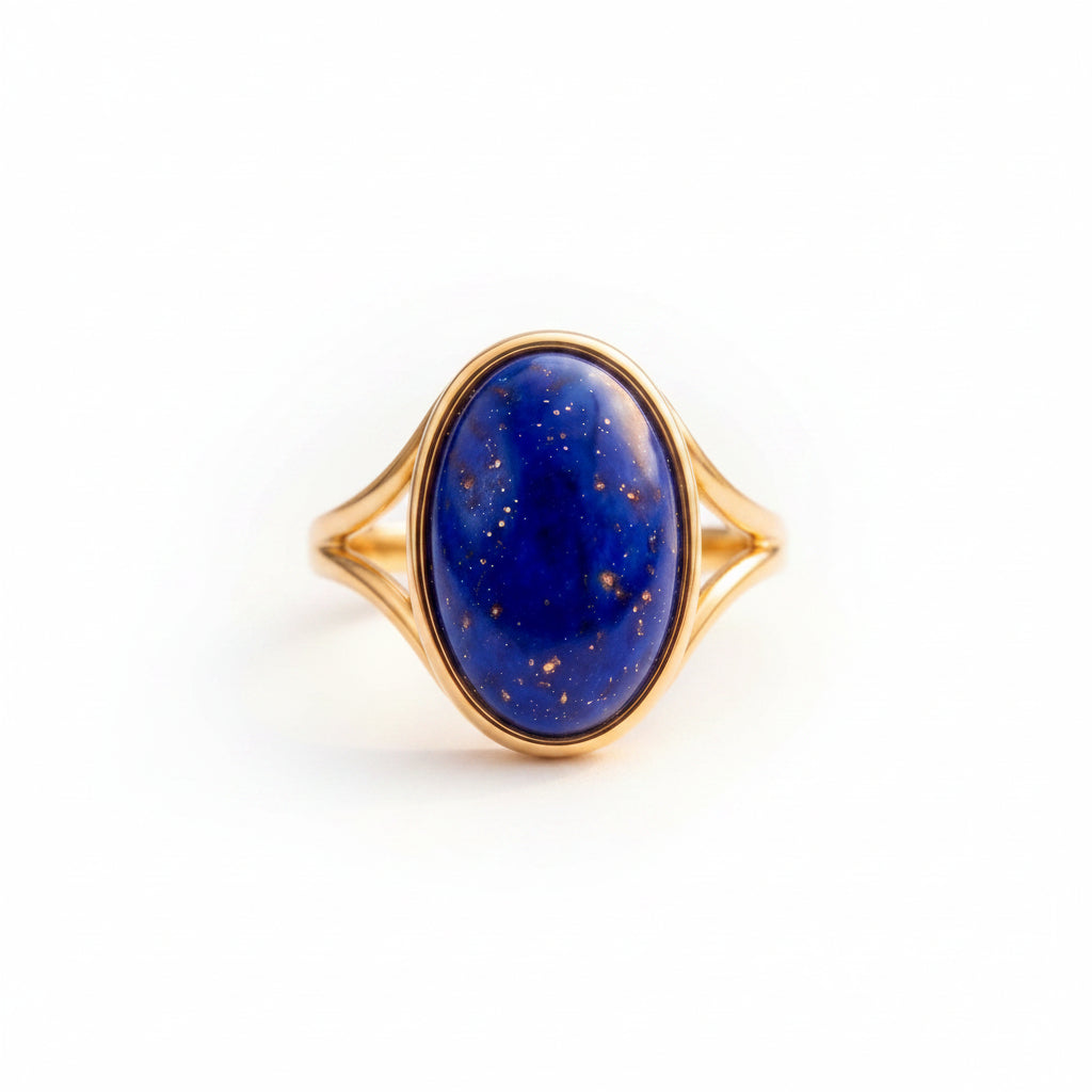 Gold ring with a blue stone on a textured surface with green leaves in the background