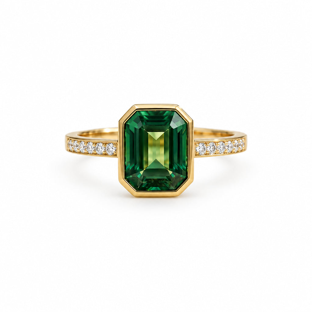 Gold ring with a green gemstone on a textured surface with leaves in the background