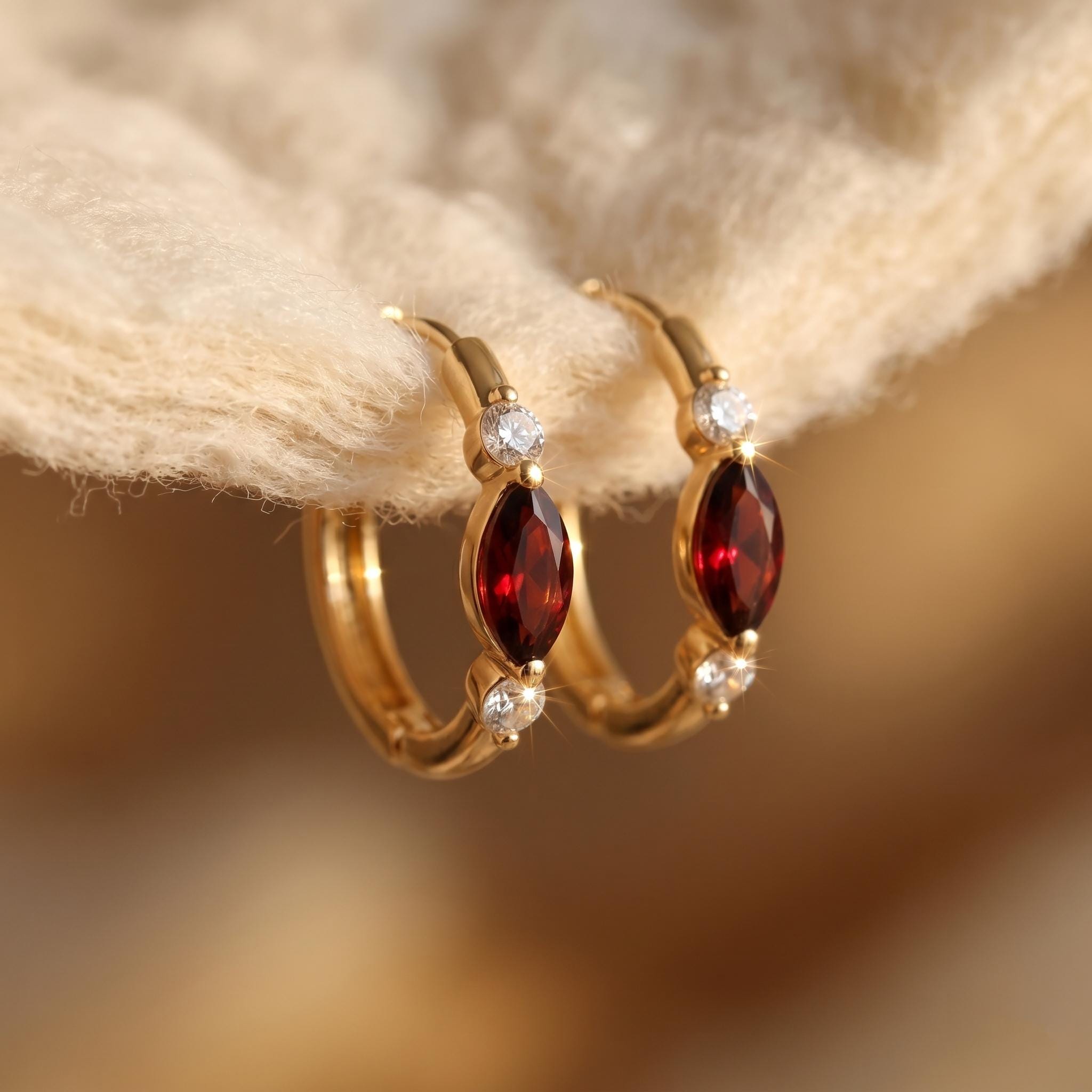 Marquise Garnet Huggie Hoop Earrings â€“ Minimalist Gold Moissanite Jewelry