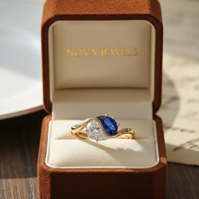 Toi et Moi Engagement Ring â€“ Yin Yang Blue Sapphire & Moissanite Ring