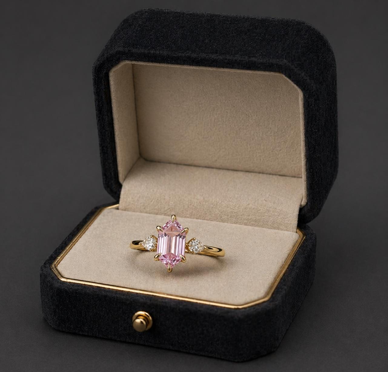 Hexagon Pink Sapphire Engagement Ring â€“ Three Stone Past Present Future Ring