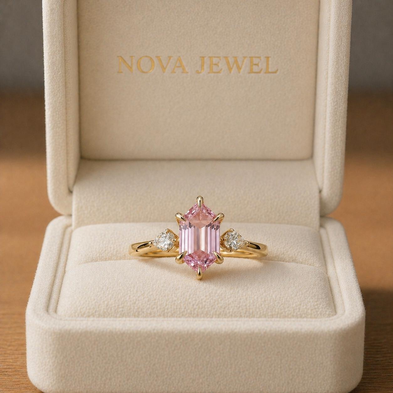 Hexagon Pink Sapphire Engagement Ring â€“ Three Stone Past Present Future Ring