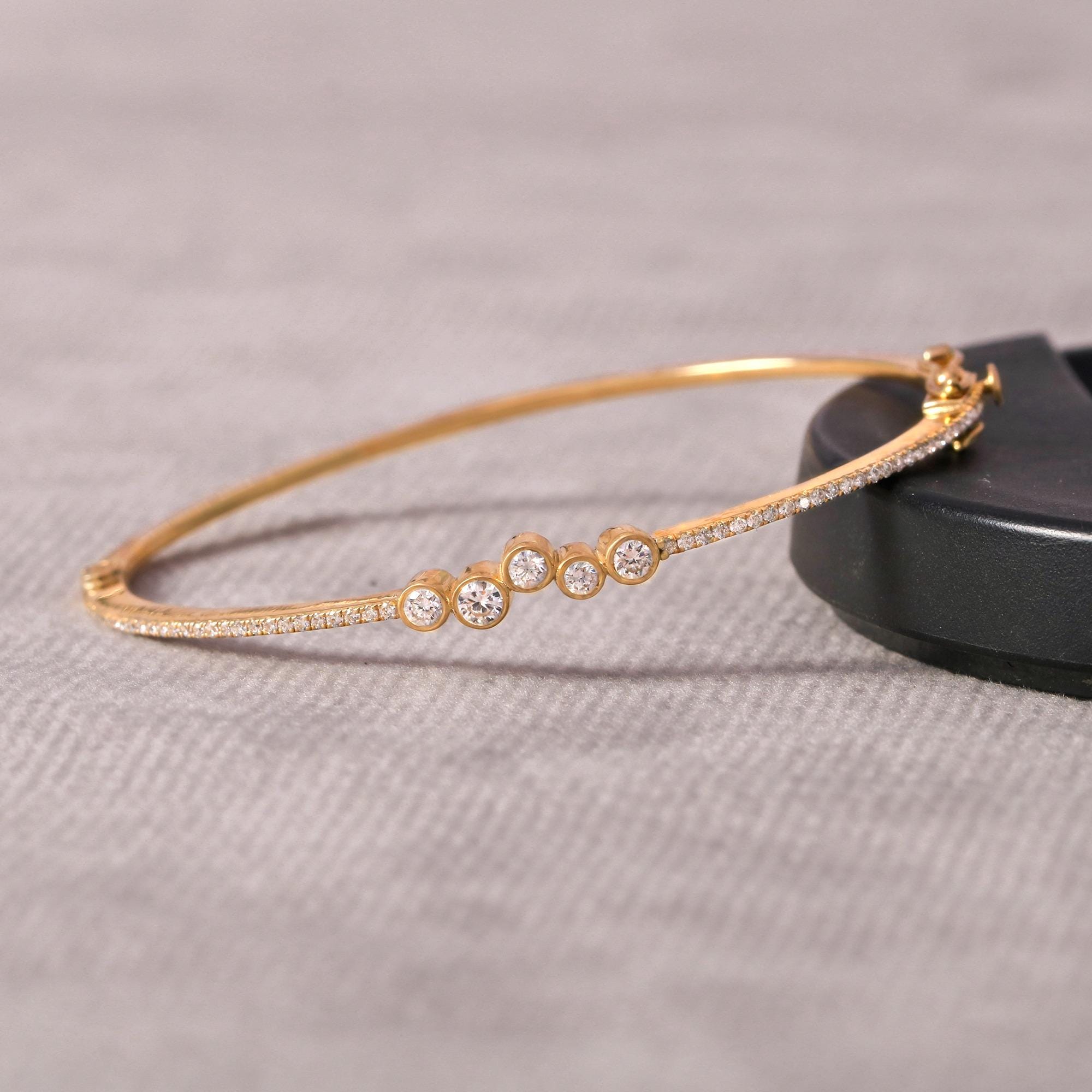 Five-Stone Bezel Bangle Bracelet | Lab Grown Diamond or Moissanite | Round Cut | 925 Silver