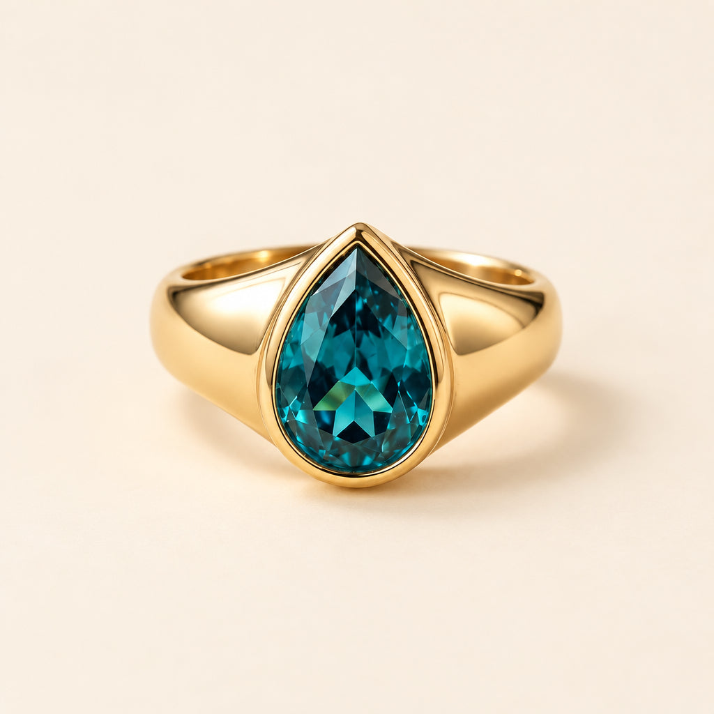 Lab-Created Pear Teal Sapphire Signet Ring | Domed Bezel Solitaire