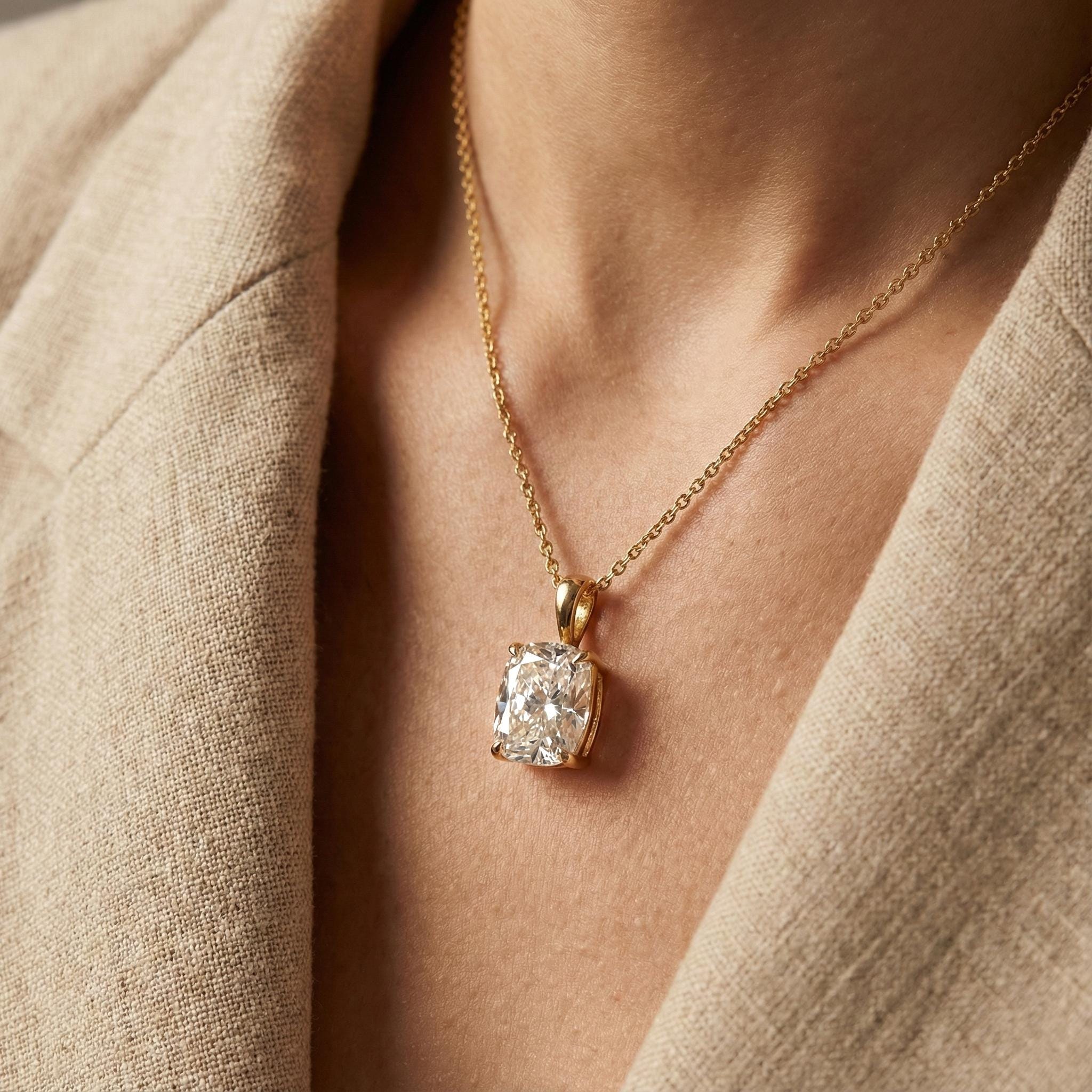 Cushion Cut Moissanite Necklace â€“ Solitaire Pendant on Dainty Gold Chain