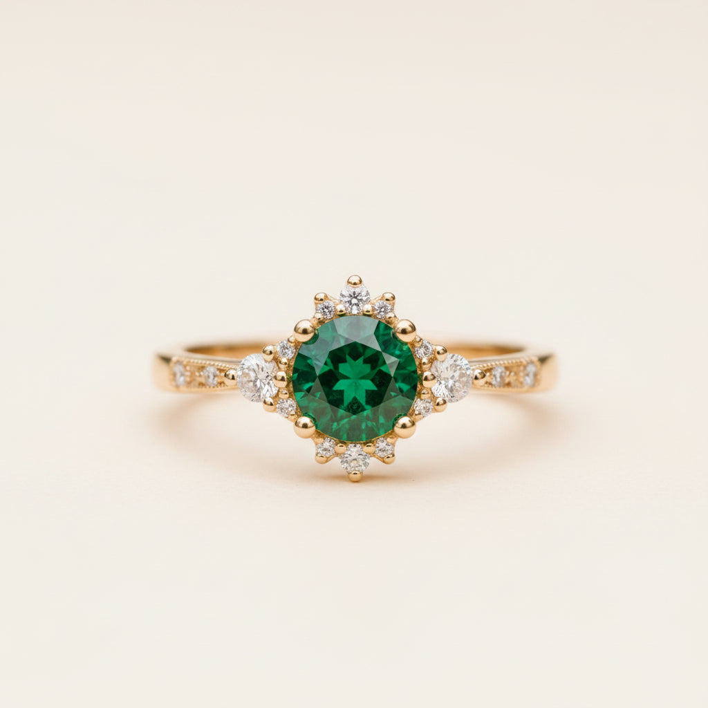 A yellow gold ring with a round green emerald-cut center stone and small clear accent stones, resting on a textured stone surface with a blurred green background.