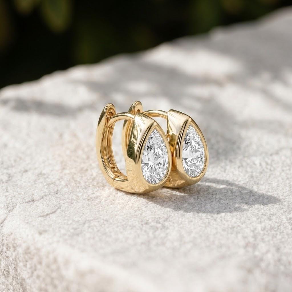 Pear Cut Moissanite Huggie Hoops | Bezel Set Teardrop Earrings | 925 Silver & Gold | SKU 21268