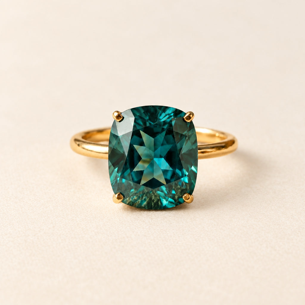 Lab-Created Green Sapphire Ring | Cushion-Cut Teal Solitaire