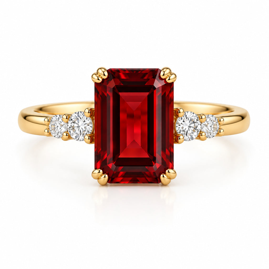 A gold ring with a large rectangular red gemstone and two small clear accent stones on either side, displayed on textured cream lace with vintage books in the background.