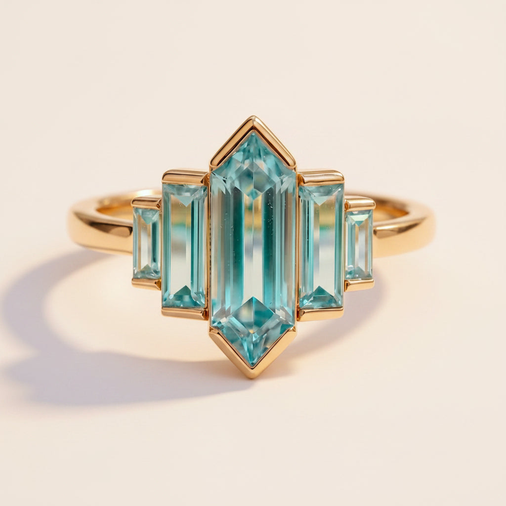 Gold ring with blue gemstones on a textured surface