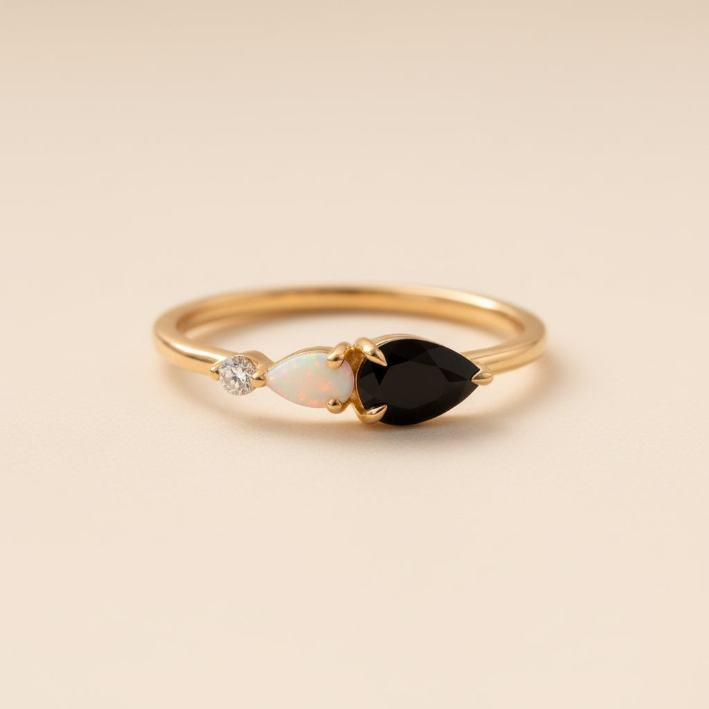 Pear Cut Onyx & Opal Engagement Ring