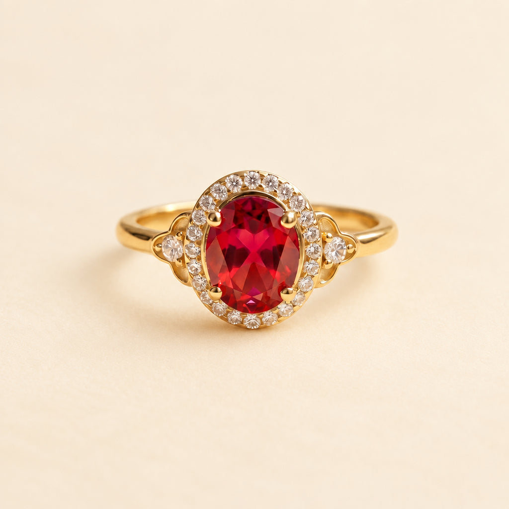 A gold ring with a large oval red gemstone surrounded by a halo of small clear stones, displayed on a textured cream fabric with soft green leaves in the background.