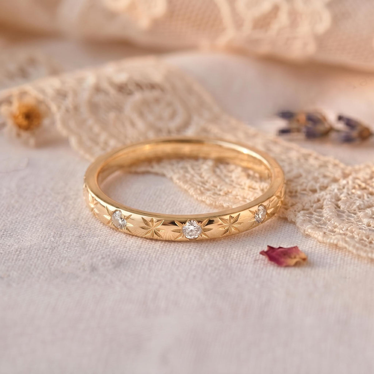 Floral Engraved Moissanite Wedding Band â€¢ Starburst Set Minimalist Ring â€¢ Vintage Style Stackable Anniversary Band â€¢ Gold or Silver Ring