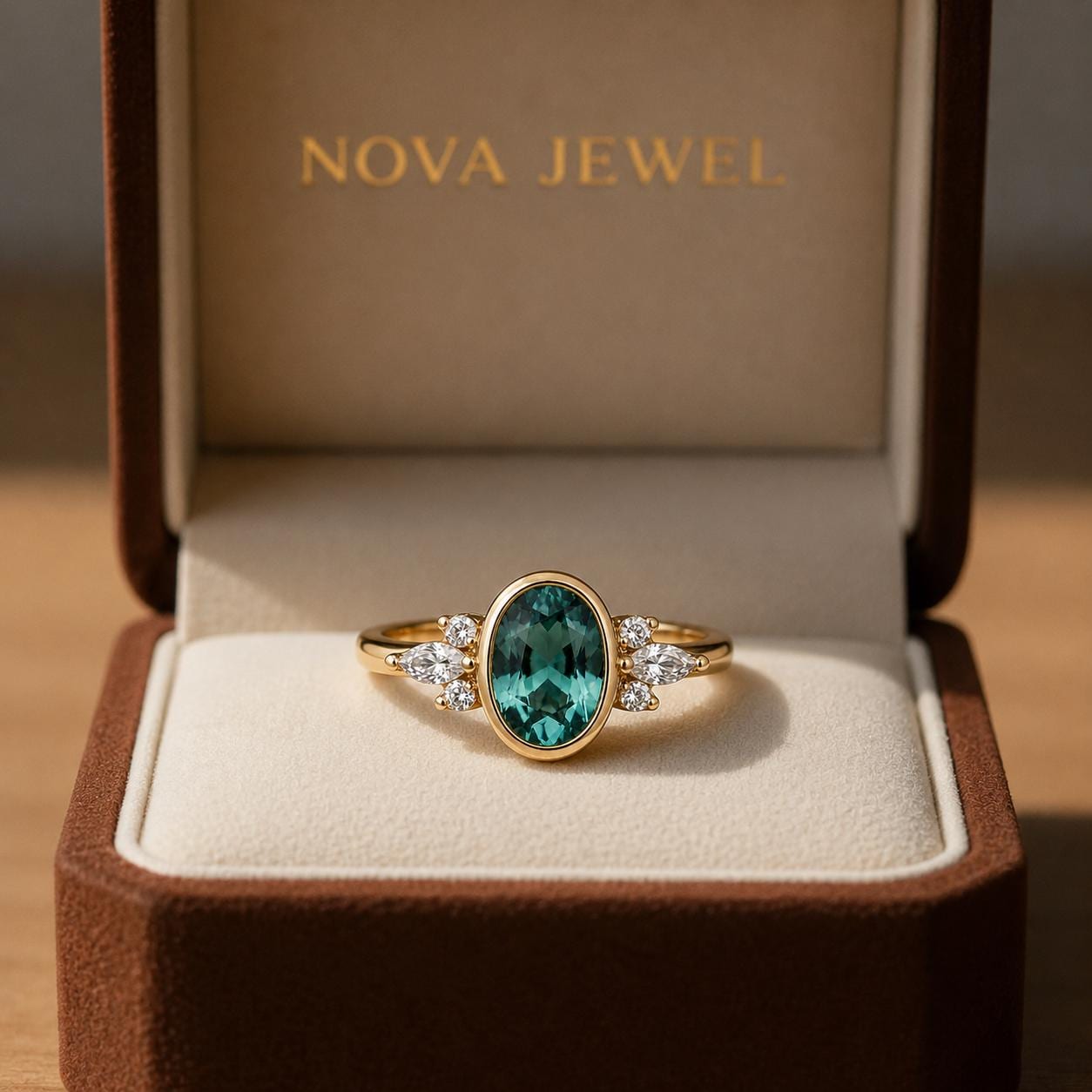 Oval Green Sapphire Engagement Ring | Teal Sapphire Moissanite Cluster Ring | Vintage Bezel Set Promise Ring | 14K Gold Anniversary Gift