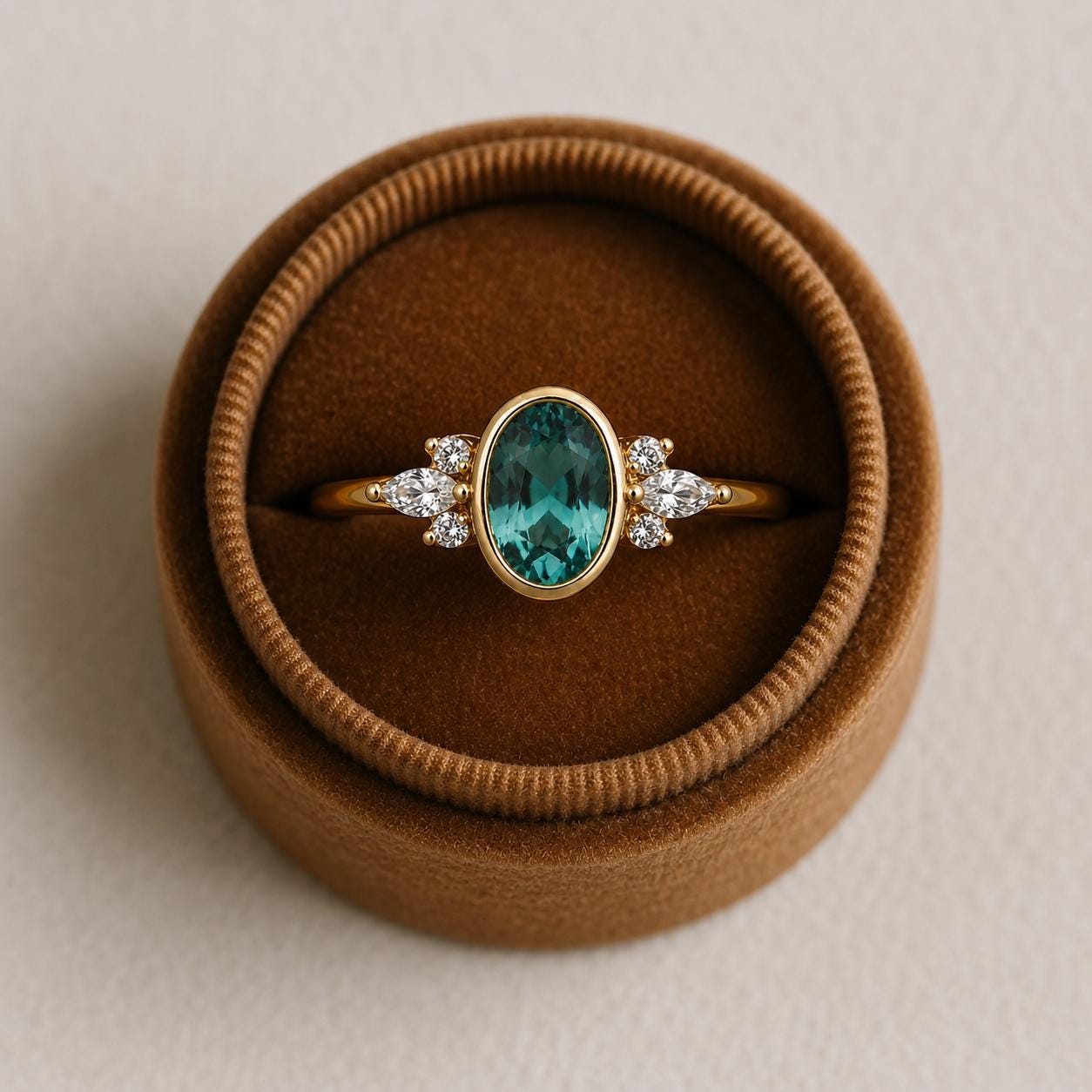 Oval Green Sapphire Engagement Ring | Teal Sapphire Moissanite Cluster Ring | Vintage Bezel Set Promise Ring | 14K Gold Anniversary Gift