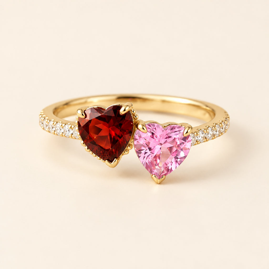 Red & Lab-Created Pink Sapphire Double-Heart Toi et Moi Ring