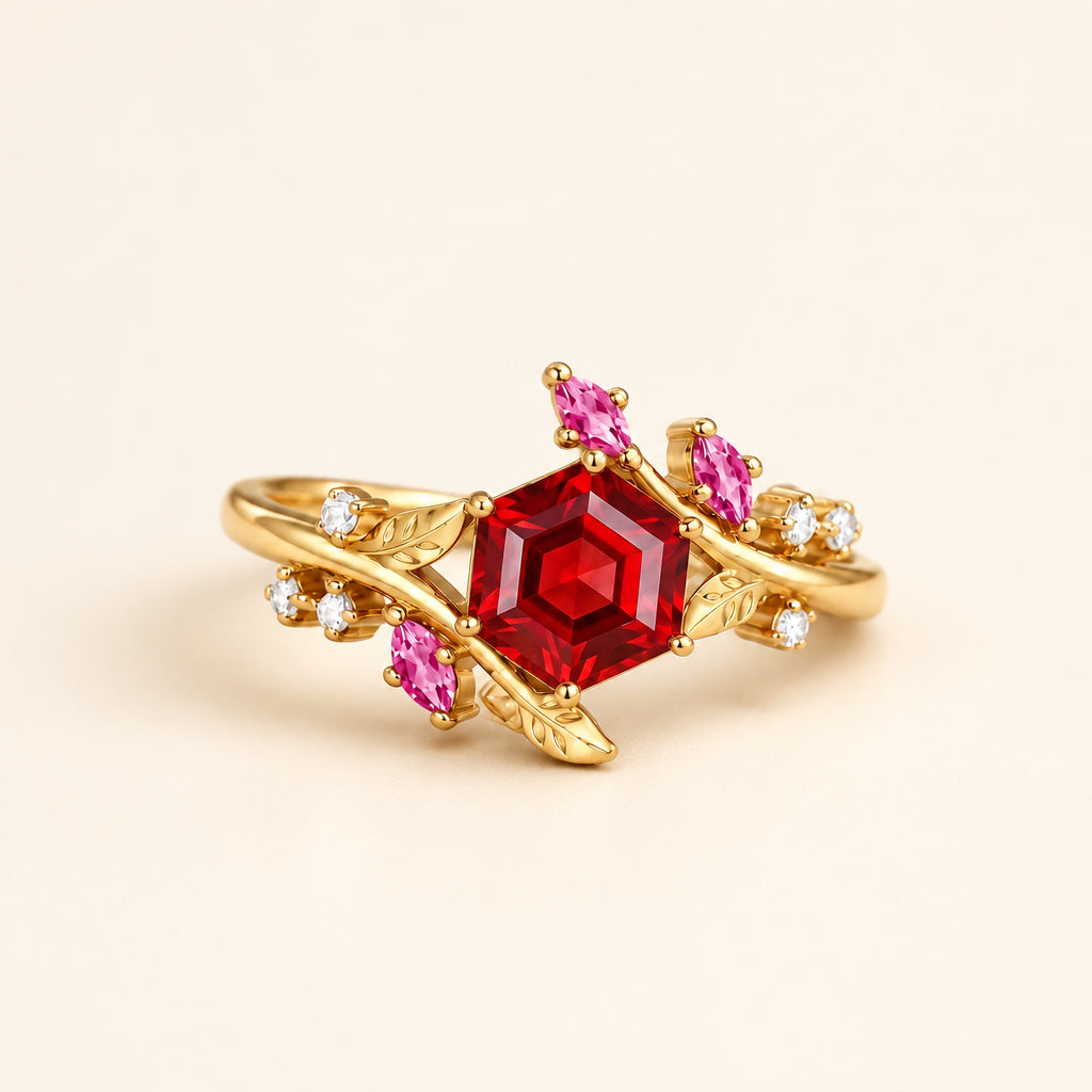 Gold ring with red and pink gemstones on a textured surface
