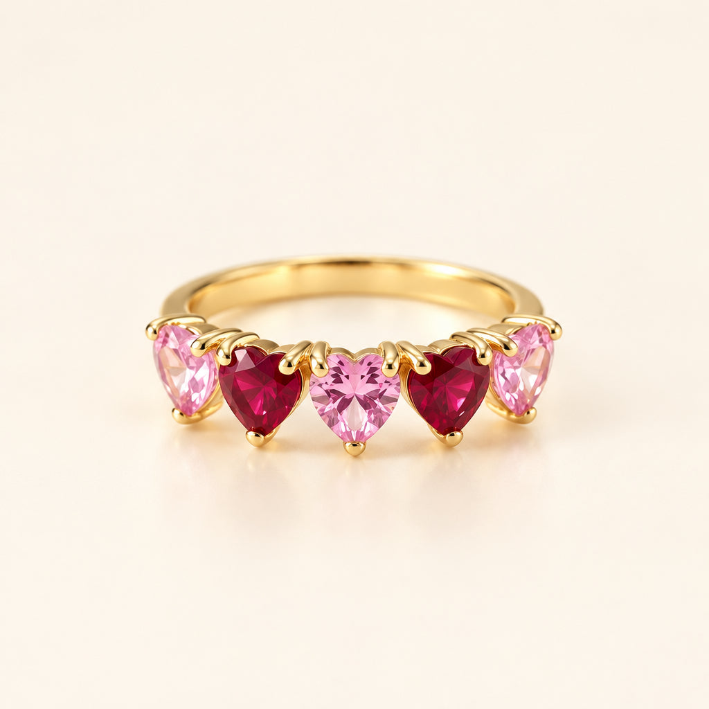 Pink Sapphire & Ruby Heart Ring | Five-Stone Promise Band