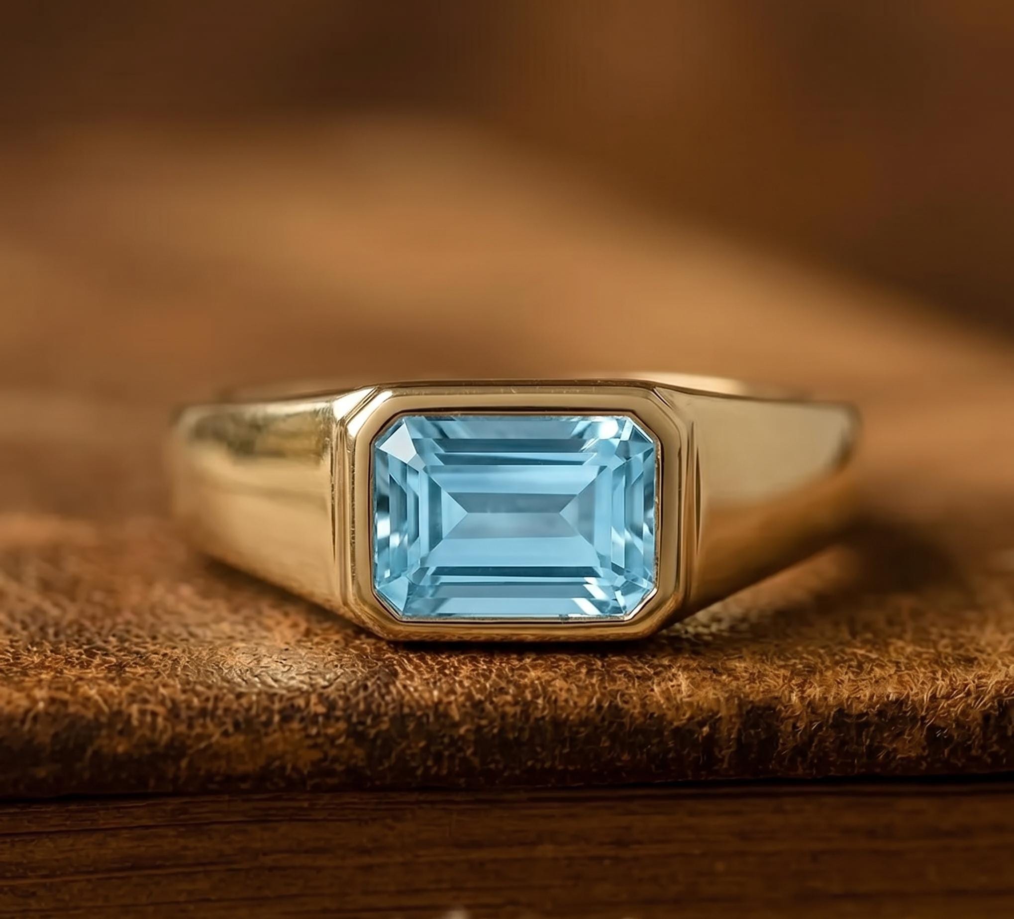 Aquamarine Ring Emerald Cut Bezel Solitaire Minimalist, Lab Created Aquamarine Step Cut Engagement Ring March Birthstone, Vintage Promise Ring Pale Blue Silver or Gold