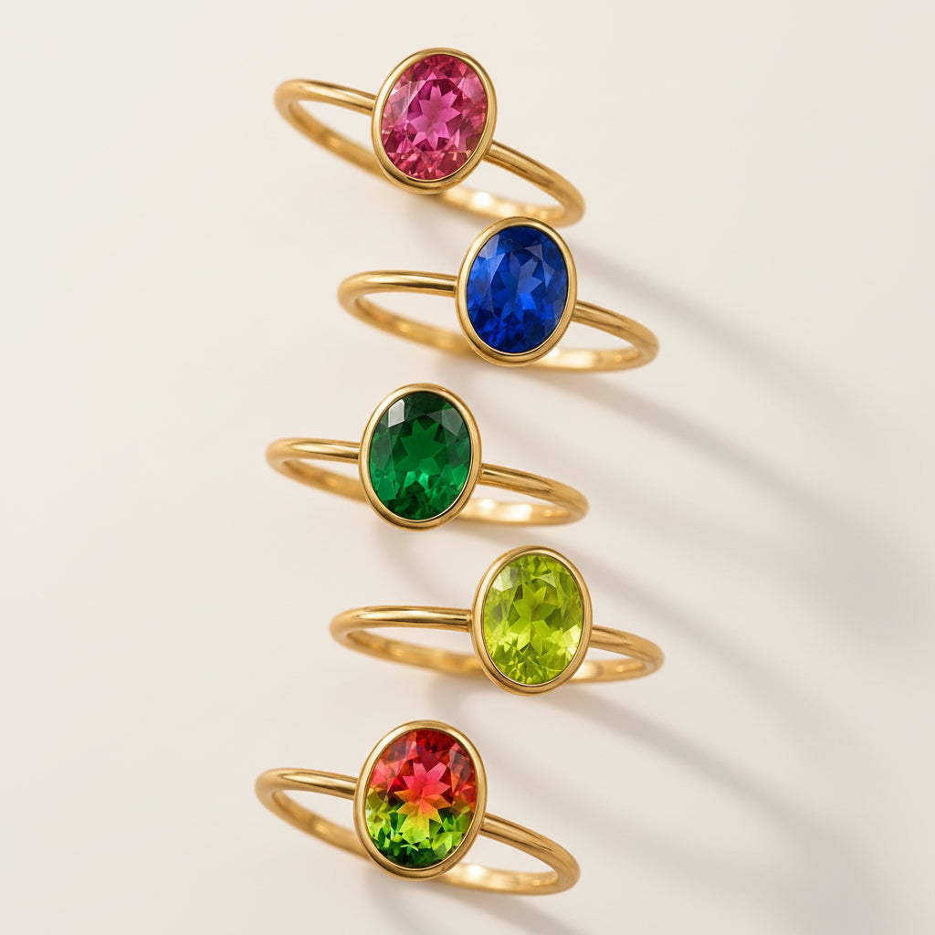 Set of gold rings with colorful gemstones on a textured surface