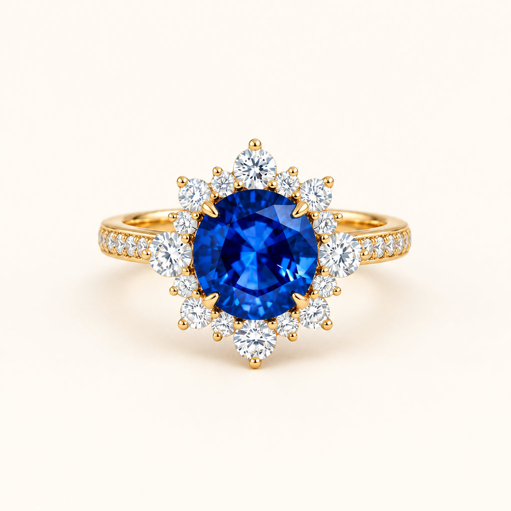 Lab-Created Round Blue Sapphire & Moissanite Halo Ring