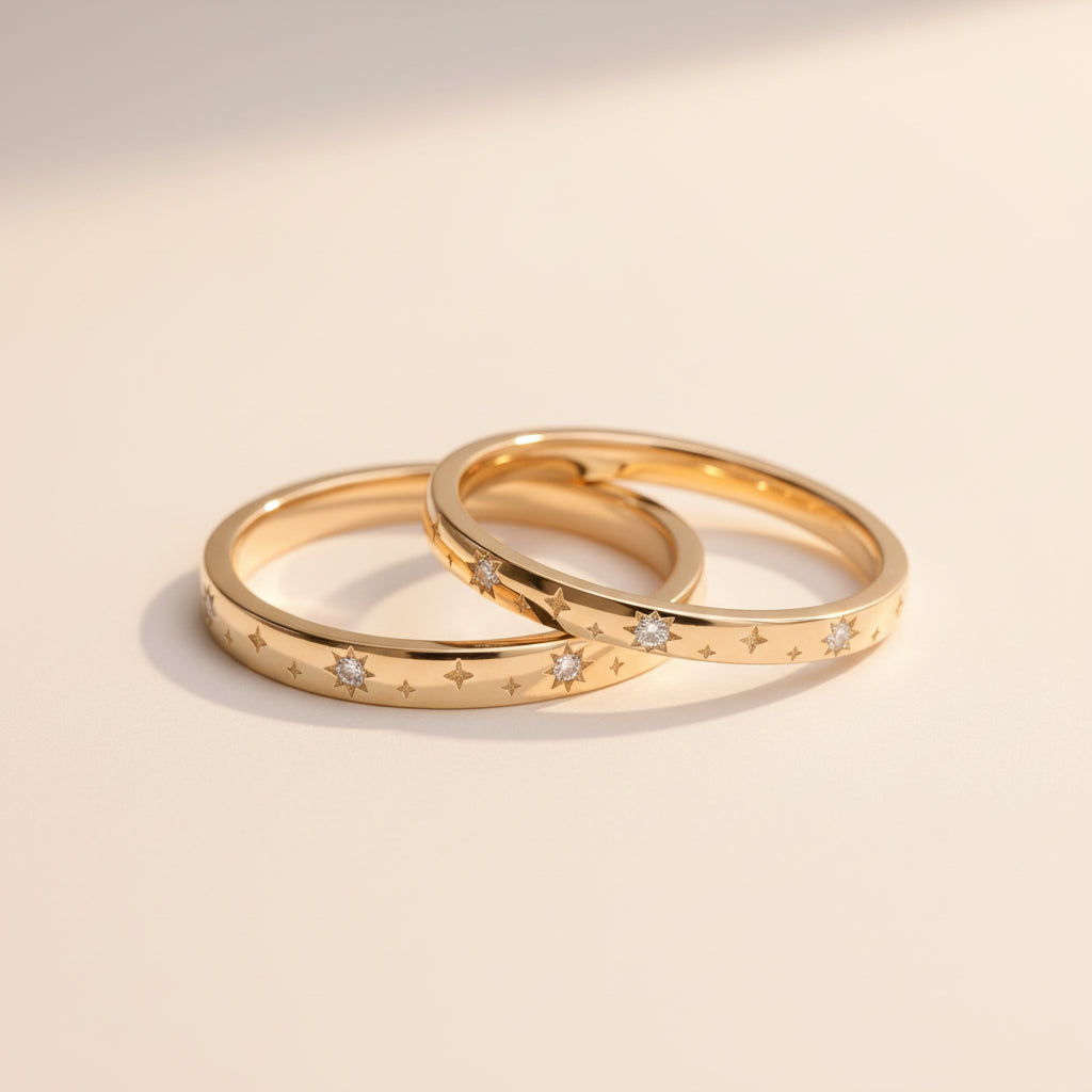 Two gold rings with diamond accents on a textured surface with green leaves in the background