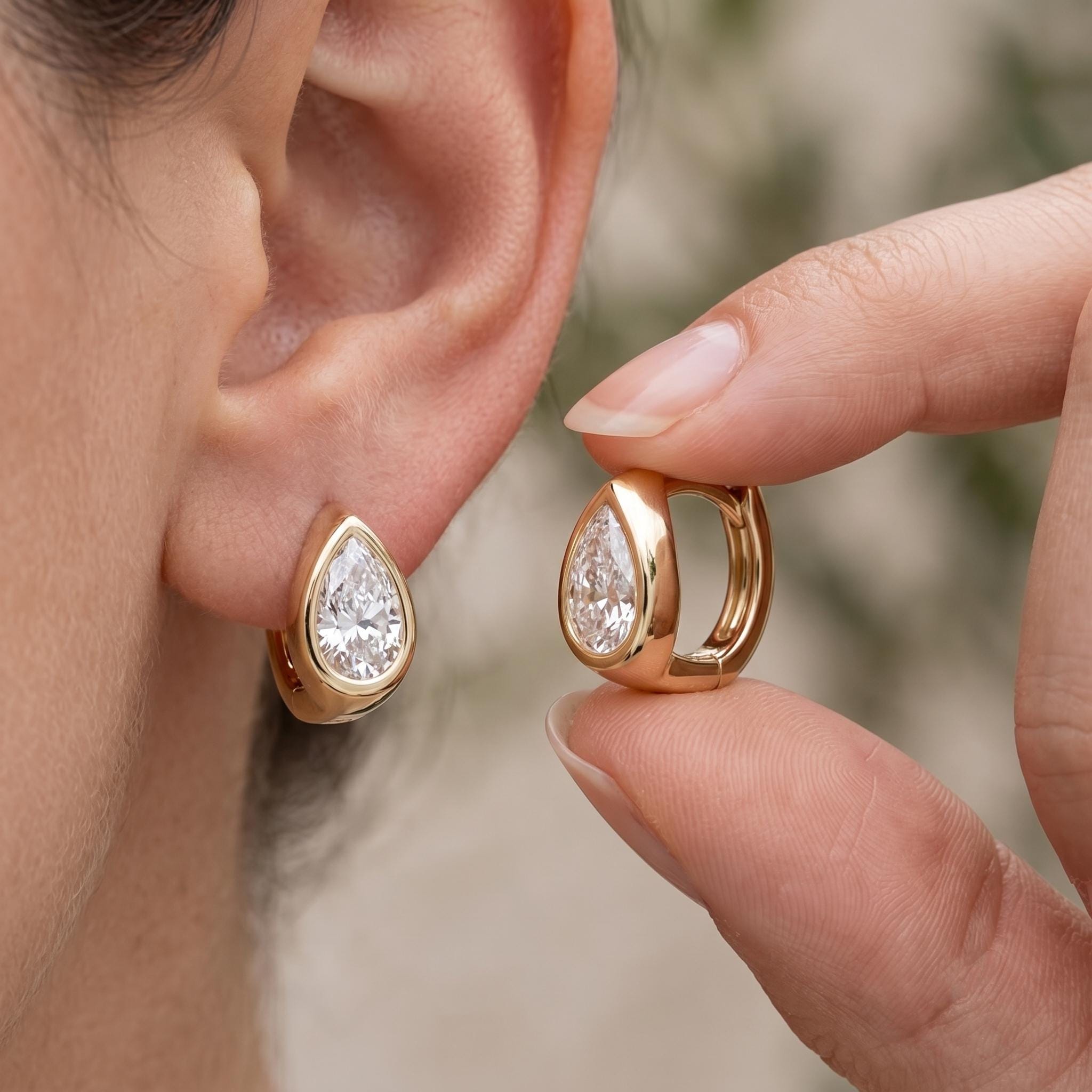 Pear Cut Moissanite Huggie Hoops | Bezel Set Teardrop Earrings | 925 Silver & Gold | SKU 21268