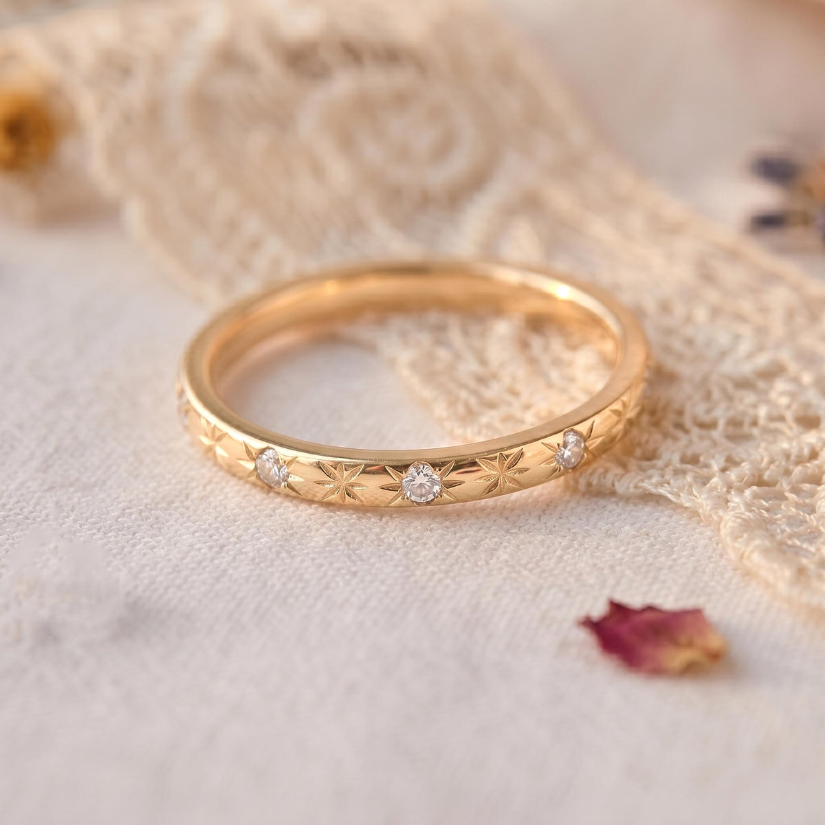 Floral Engraved Moissanite Wedding Band â€¢ Starburst Set Minimalist Ring â€¢ Vintage Style Stackable Anniversary Band â€¢ Gold or Silver Ring