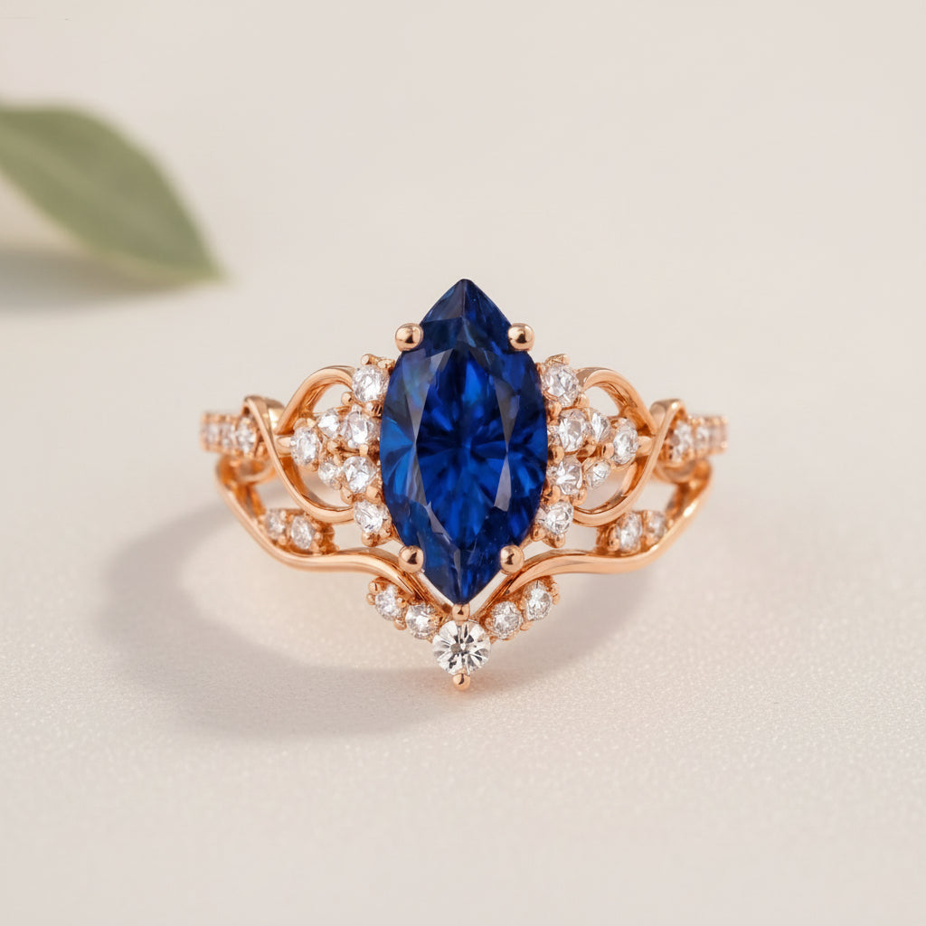 Rose gold ring with a blue gemstone on a beige fabric background