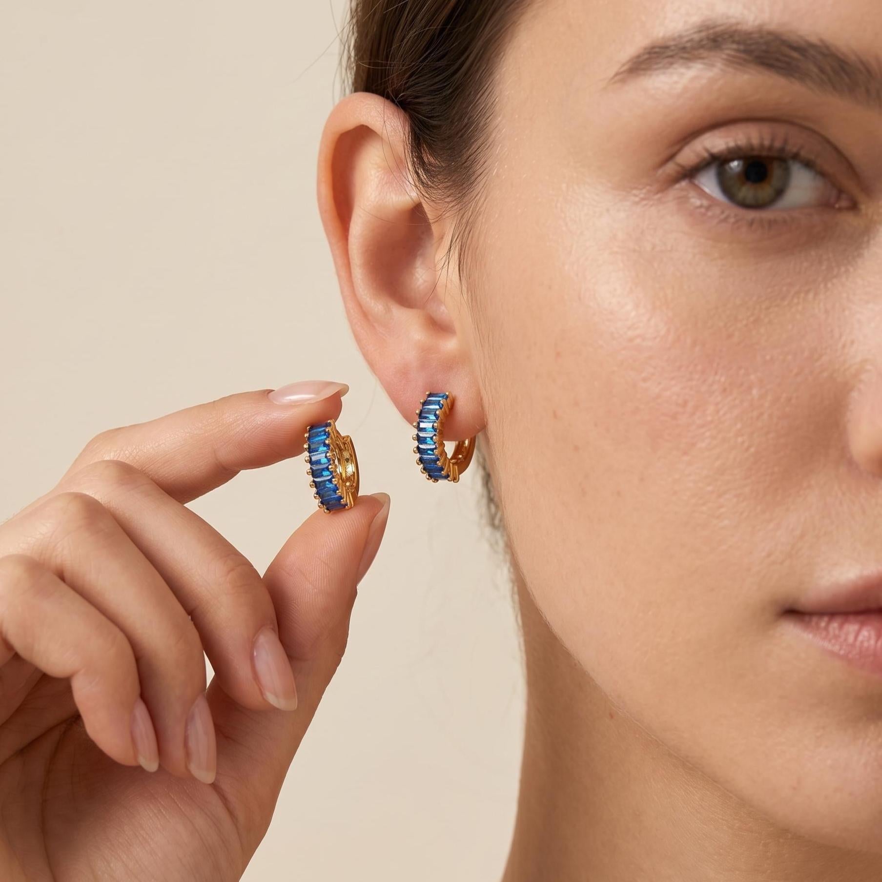 Baguette Blue Sapphire Huggie Earrings