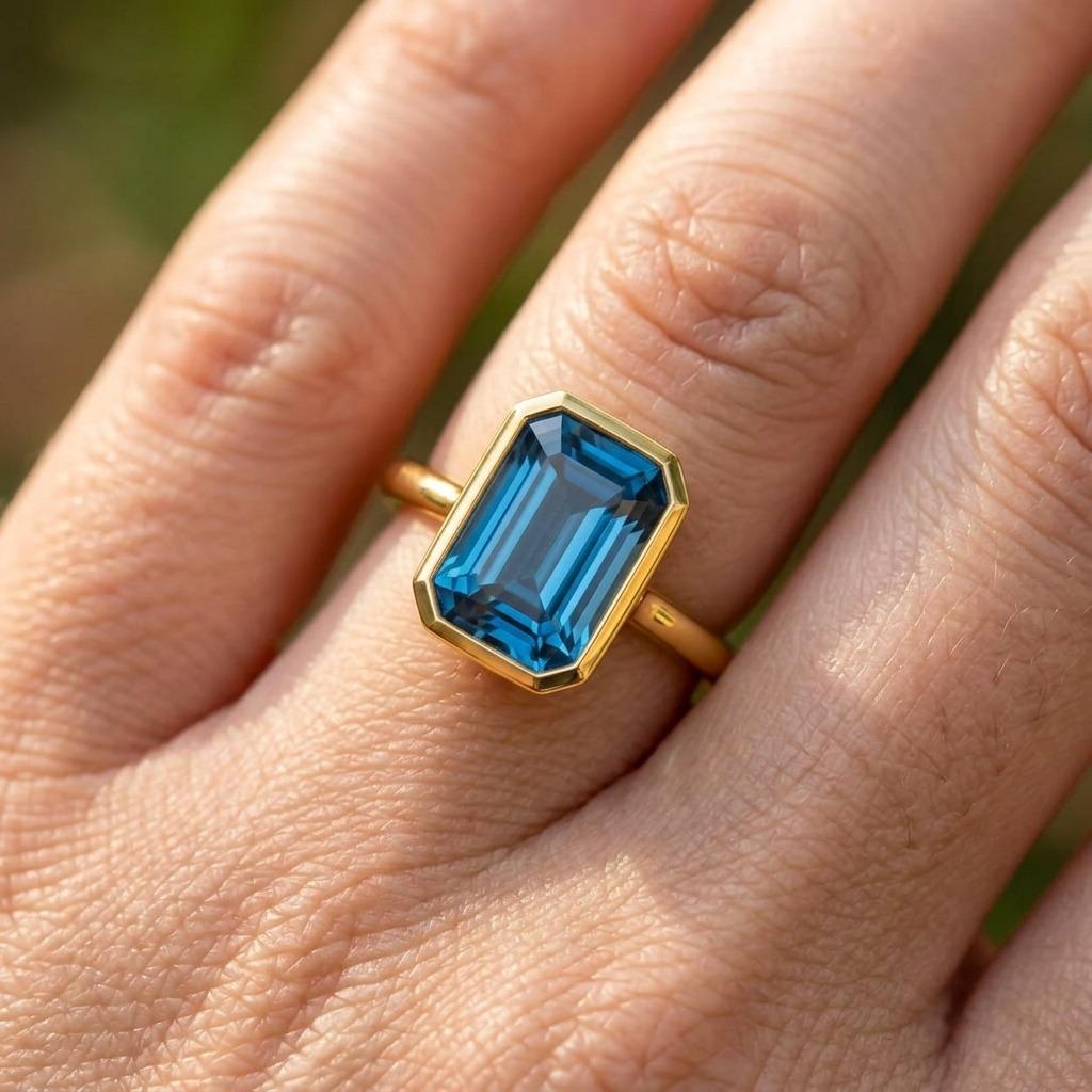 Teal Sapphire Bezel Ring | Emerald Cut Sapphire Engagement Ring Solid Gold | Minimalist Blue Green Gemstone Promise Ring Women