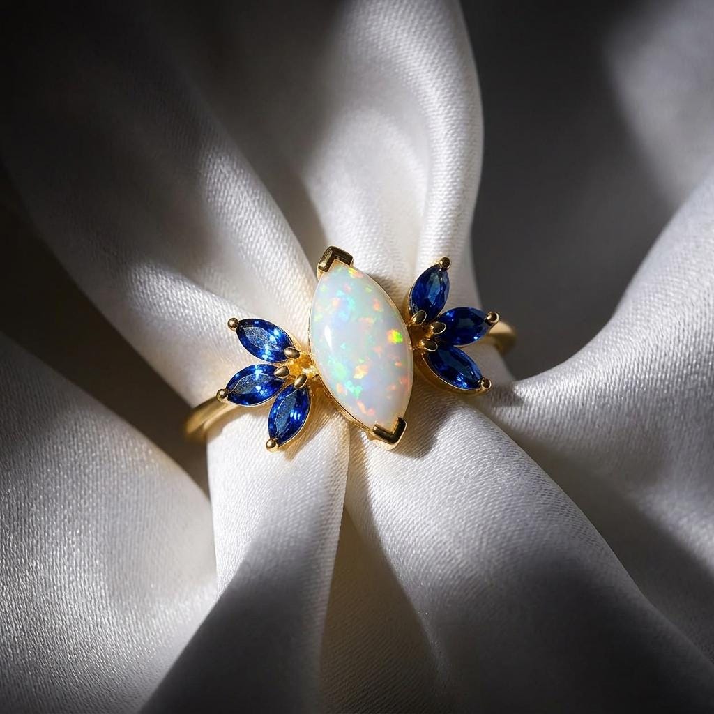 Marquise Opal Ring | Blue Sapphire Floral Engagement Ring | Vintage Inspired Promise Ring Solid Gold | Alternative Bridal Jewelry Women
