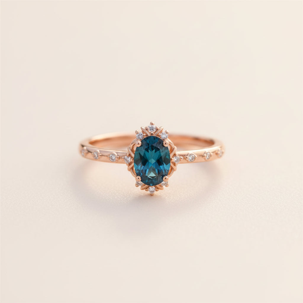 A rose gold ring with a large oval blue gemstone and small clear accent stones, resting on a textured stone surface with a blurred natural background.