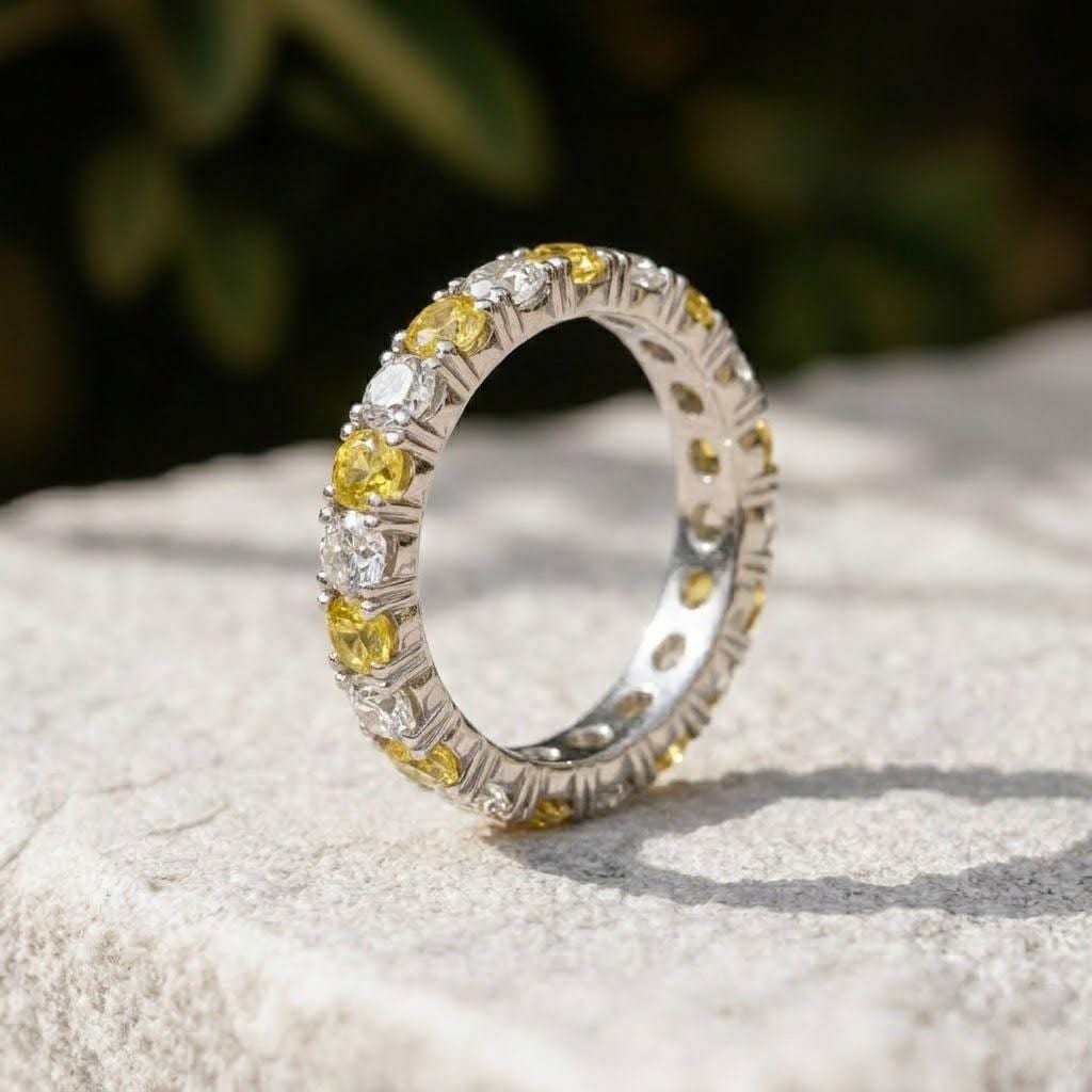 Lab Yellow Sapphire Eternity Band Ring, Alternating Moissanite | September Birthstone Gift