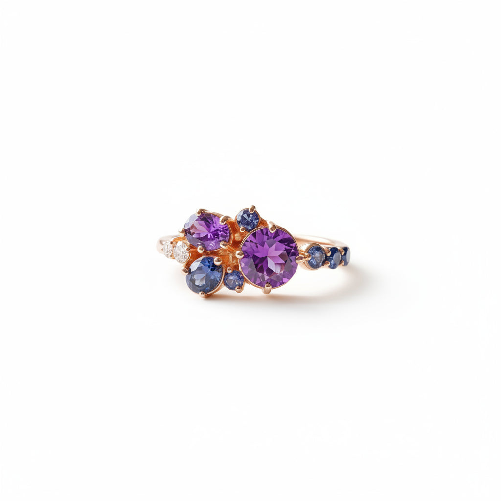 A rose gold ring with large purple and blue gemstones, displayed on a cream marble tray with a soft-focus background of lavender and a window.