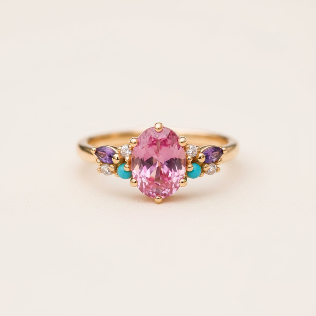 A gold ring with a large oval pink center stone, flanked by small turquoise and purple stones, resting on a textured stone surface with a blurred natural background.