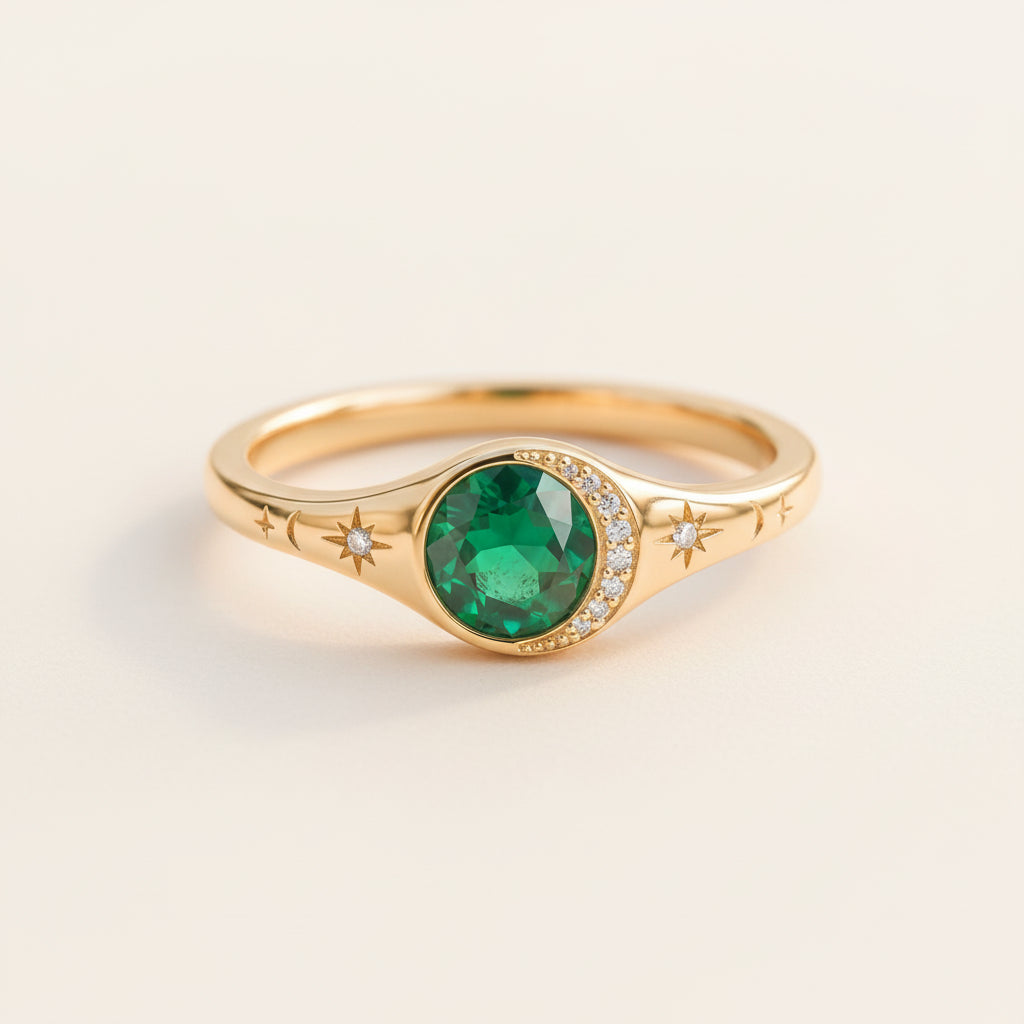 A gold ring with a round green emerald-cut center stone and small clear accent stones, resting on a textured stone surface with a blurred green garden background.
