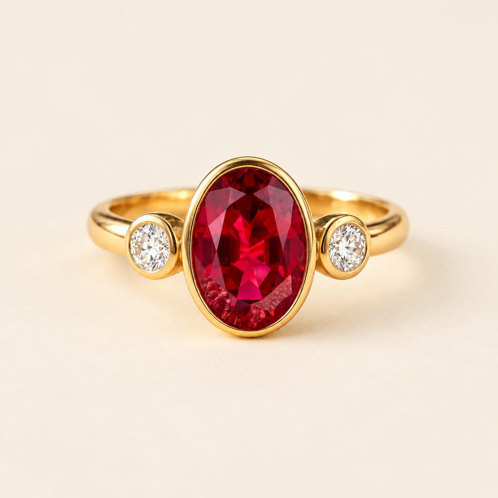 A gold ring with a large oval-cut deep red center stone and two small round clear stones on either side, resting on a textured beige fabric with dried floral accents.