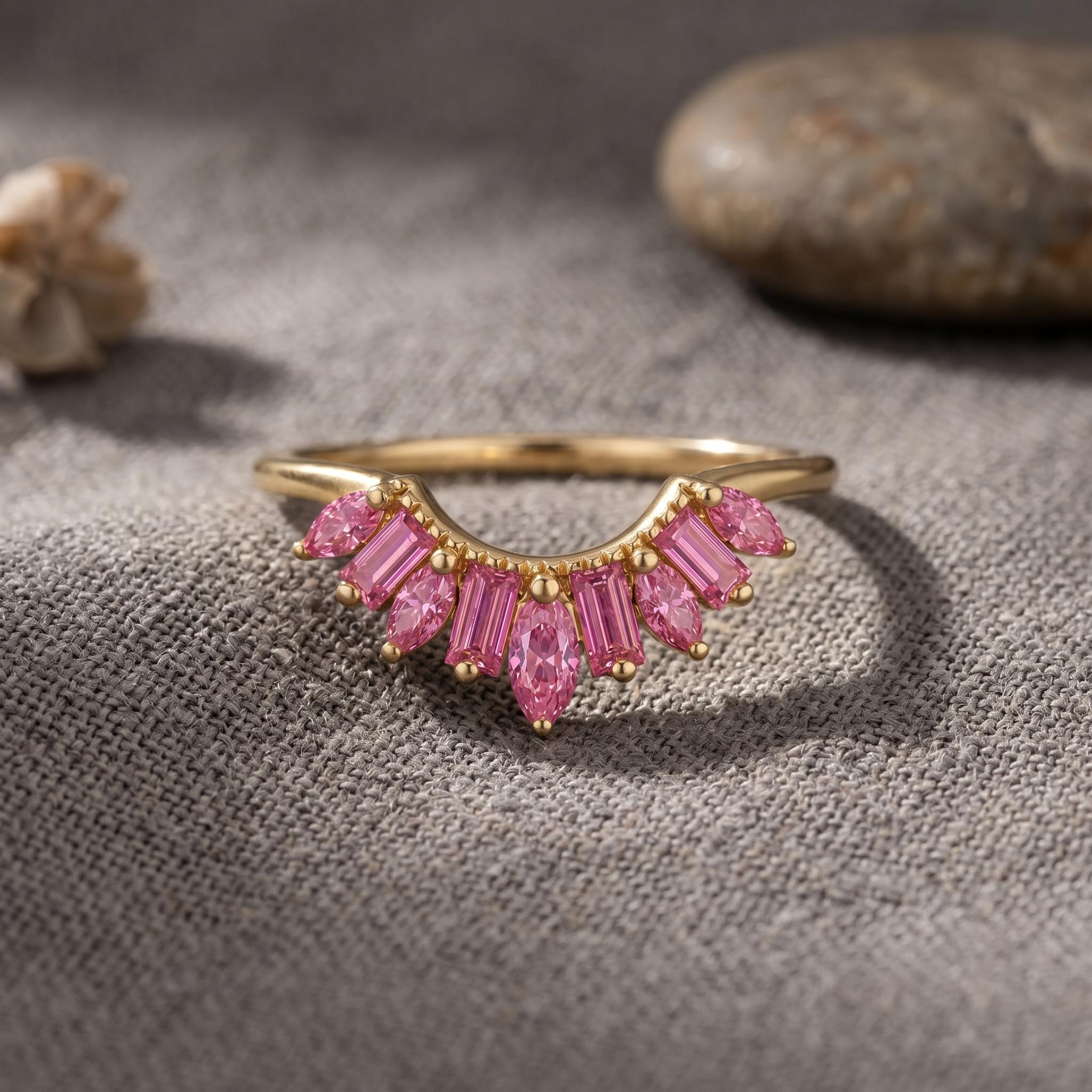 Curved Pink Sapphire Wedding Band