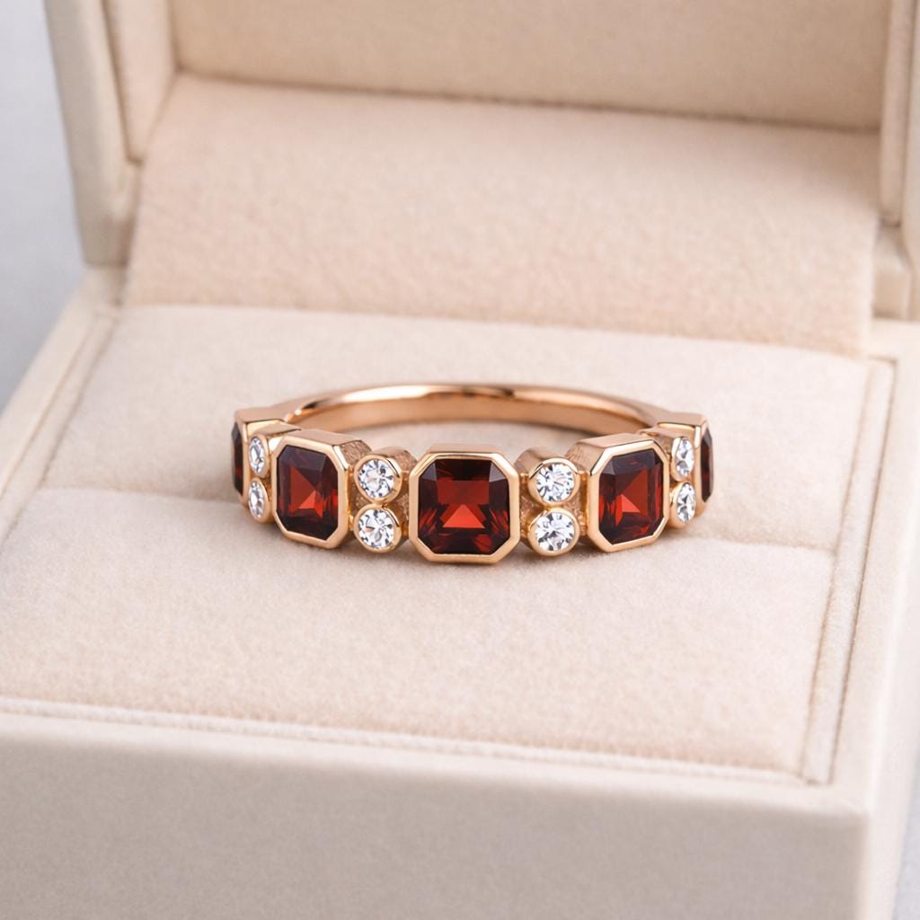 Garnet & Moissanite Half Eternity Band in 14k Gold