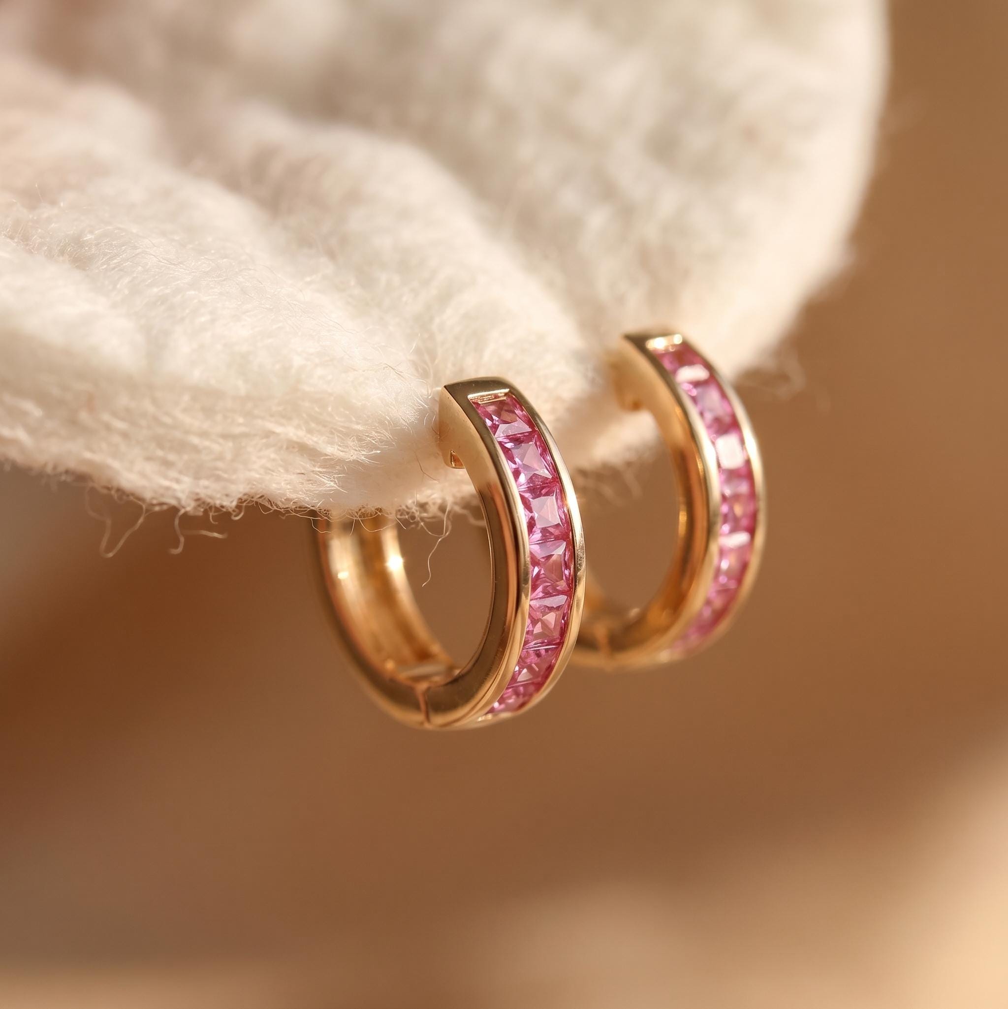 Princess Cut Pink Sapphire Huggie Earrings