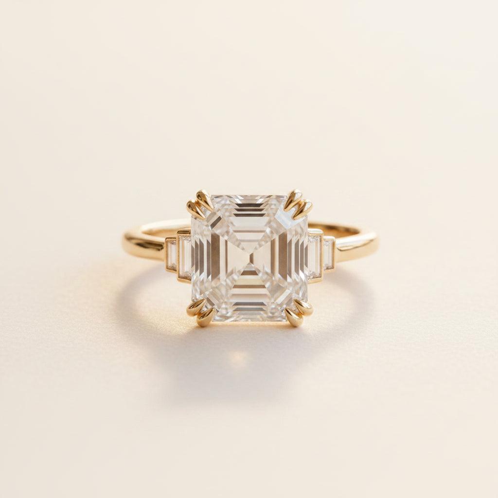 A yellow gold ring featuring a large emerald-cut clear center stone with baguette side stones, resting on a rustic wooden surface.