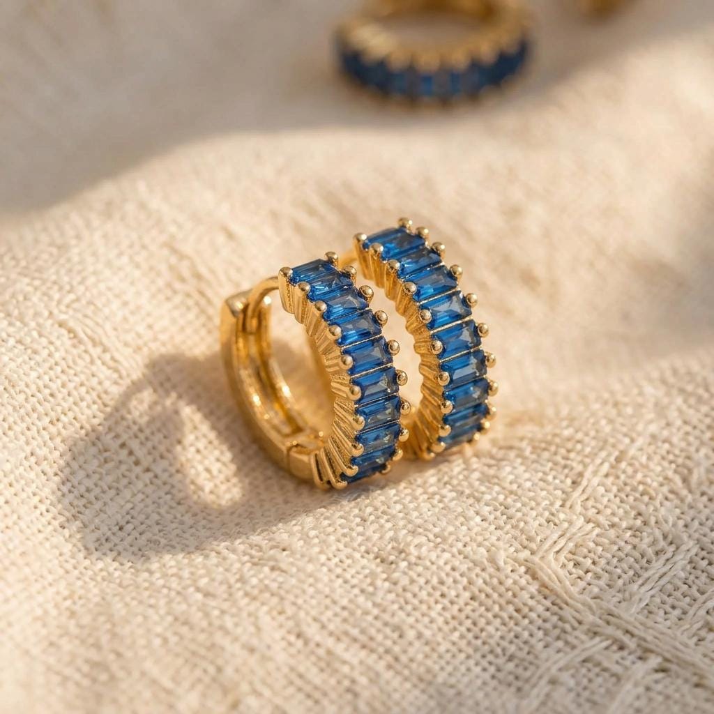 Baguette Blue Sapphire Huggie Earrings