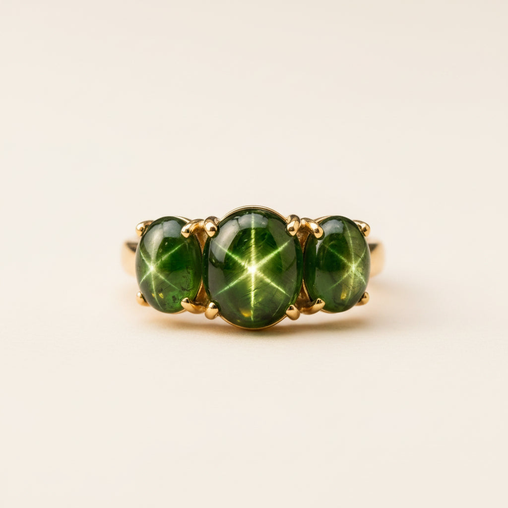 A gold ring featuring three oval green starburst cabochon gemstones, resting on a textured stone surface with a soft-focus natural background.