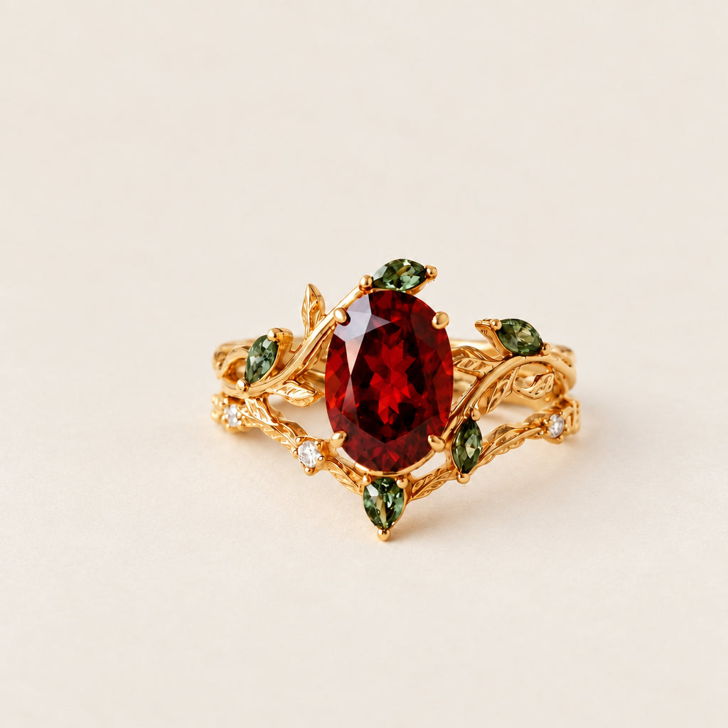 A gold ring with a large oval deep red gemstone and smaller green marquise-cut gemstones, styled on a beige fabric background with dried flowers and lace.